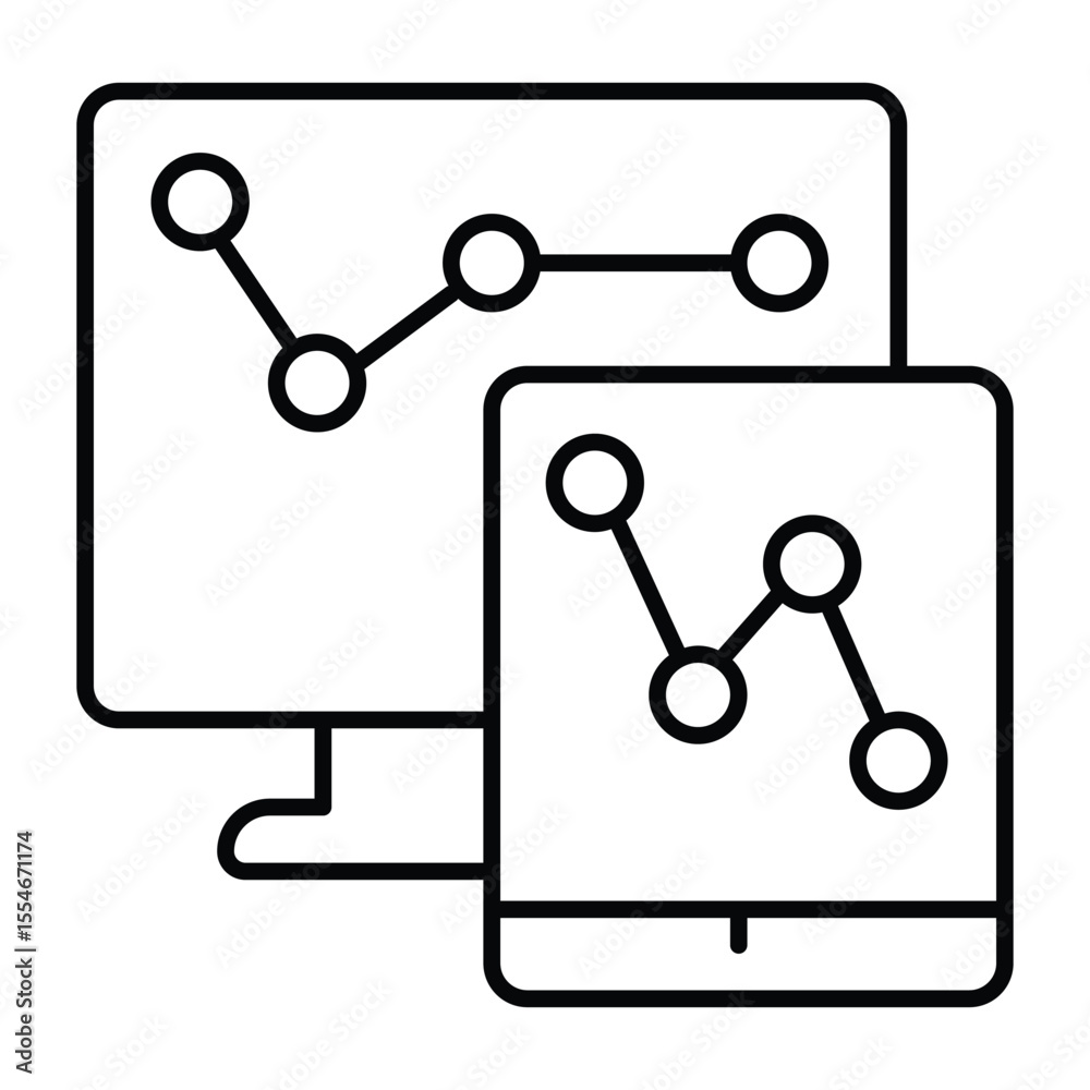 Poster monitor and tablet screen with chart thin line icon, neural dataset concept. vector graphics. displa
