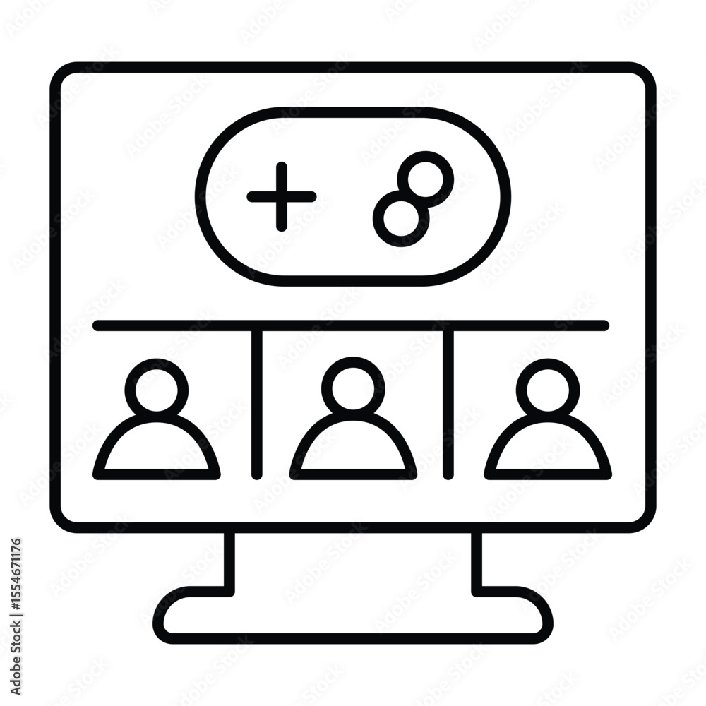 Poster monitor screen with users and joystick thin line icon, neural dataset concept. vector graphics. disp