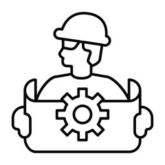 Engineer man with project and cogwheel thin line icon, neural dataset concept. Vector graphics. Developer, developing sign on white background, style mobile or design.