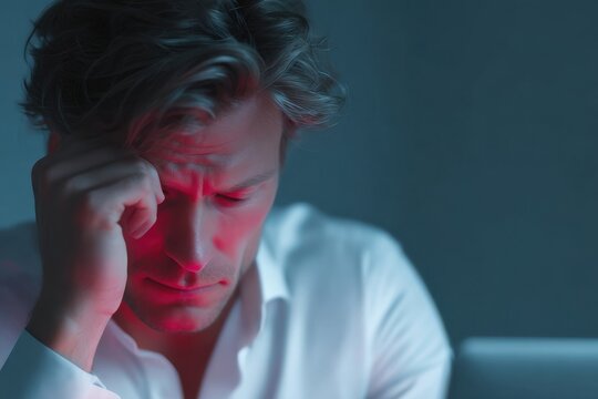 Burnt out office worker having a headache, working late at night - Powered by Adobe
