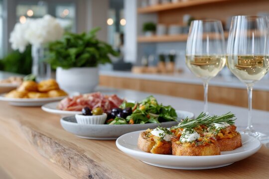 Gourmet appetizers and white wine enhancing dining experience