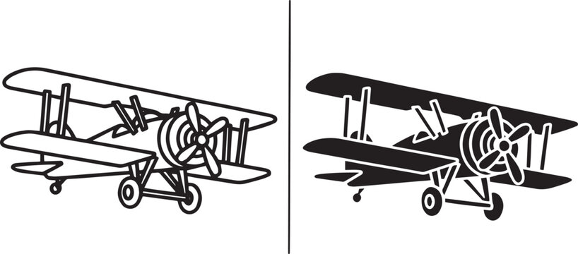 Vintage Biplane Aircraft Silhouette and Line Art Illustration