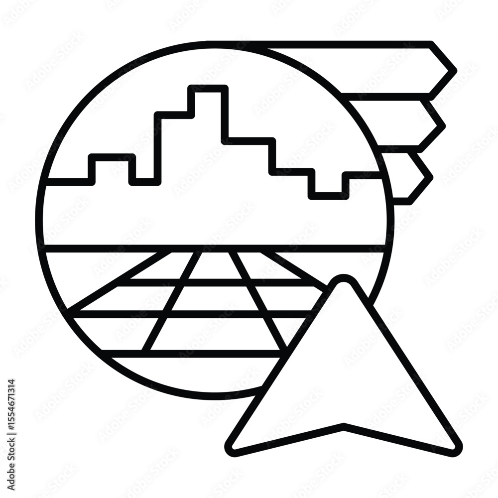 Poster city and bookmarks with navigation cursor thin line icon, neural dataset concept. vector graphics. m