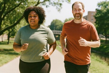 Diverse friends jogging outdoors.