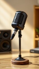 Vintage Black Microphone on Wooden Stand on Desk