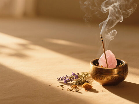 Delicate mood with feminine Ayurvedic self-love ritual featuring warm golden light, rose quartz crystal, dried lavender, yoni steam bowl, herbal mix and incense smoke in sunlight