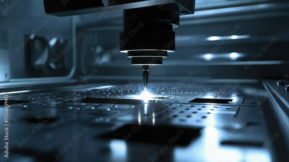 Poster close-up view of a machine cutting through metal with sparks flying