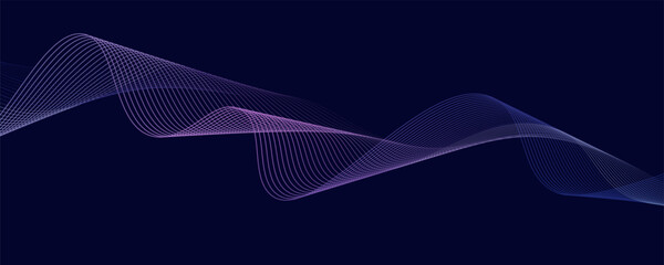 Dark abstract background with glowing wave. Shiny moving lines design element. Modern purple blue gradient flowing wave lines. Futuristic technology concept. Vector illustration