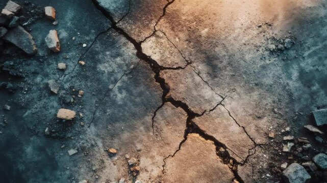 Ground breaking apart with intense orange luminescence, revealing dramatic geological transformation from underground fissure signaling potential seismic activity