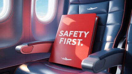 Crew safety briefing concept. Safety instruction booklet on an airplane seat, emphasizing passenger safety.