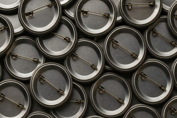 Metal pin backs arranged in a neat pattern for crafts and decorations on a textured background