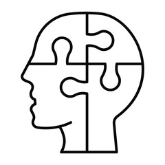 Puzzle head thin line icon, neural network concept. Vector graphics. Human head with puzzle, logic training sign on white background, style mobile or design.