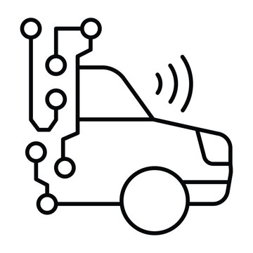 Car with wireless sensor circuit thin line icon, neural network concept. Vector graphics. Automobile with data connections sign on white background, style mobile or design.