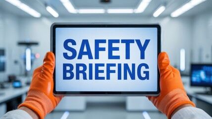 Crew safety briefing concept. Hands holding a tablet displaying the text "SAFETY BRIEFING" in a laboratory setting.