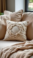 Beige Textured Pillow on a Cream Sofa