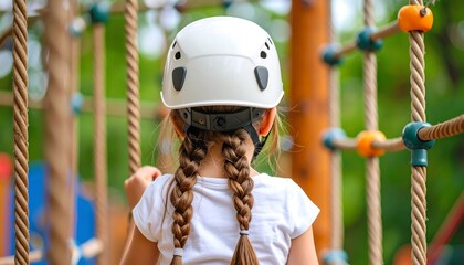 A young girl with braids wearing a helmet on a rope course.