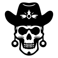 Vector graphic of a skull silhouette topped with a classic cowboy hat.