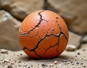 Cracked Orange Ball on Sandy Ground with Rock Background