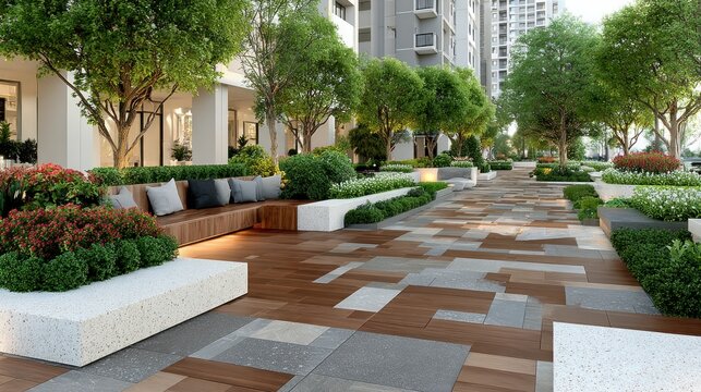 Lush urban walkway with seating, trees, and gardens