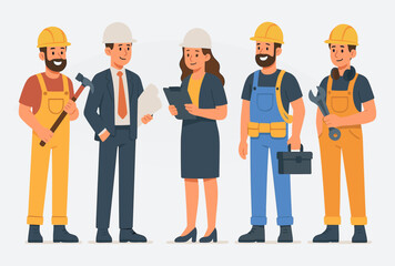 Construction and Engineering Team  Flat Vector Characters in Uniform with Tools