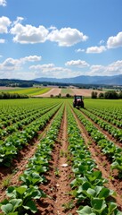 Obraz premium Gemini saidA lush green field of corn stretches in neat rows across the rural agriculture landscape under a clear blue summer sky, showcasing vibrant plant growth on the fertile farmland countryside