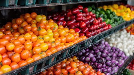 A Vibrant Display of Fresh Vegetables Varied in Color and Variety at a Market Stall, Highlighting Tomatoes, Peppers, and Eggplants in an Abundance of Natural Diversity