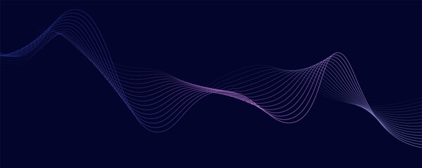 Dark abstract background with glowing wave. Shiny moving lines design element. Modern purple blue gradient flowing wave lines. Futuristic technology concept. Vector illustration