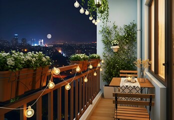 A night lighted cozy balcony adorned of green plants. A small square table with glass vase, surrounded by wooden chairs on the wooden floor.