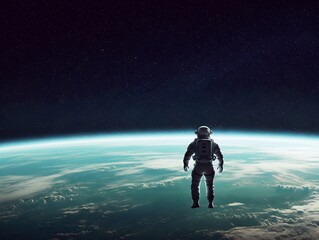 An alone astronaut floats above Earth at outer space and looking at the Earth.