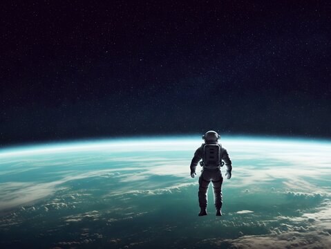 An alone astronaut floats above Earth at outer space and looking at the Earth.
