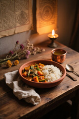 Cozy Ayurvedic dinner with spiced vegetable stew and cumin rice in clay bowl, accompanied by herbal tea in copper cup. Soft dim lighting, wooden table, oil lamp glow, tranquil evening scene.