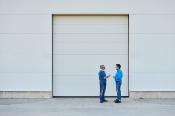 Two Colleagues Talking Outside an Industrial Facility Near a Large White Door