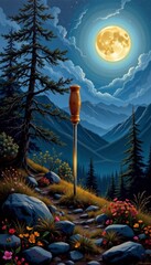 Glowing Screwdriver on Mountain Path at Night Under Full Moon