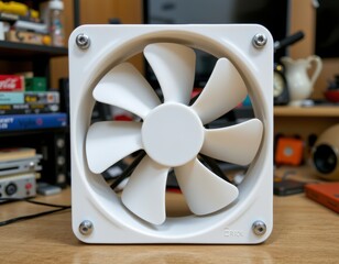 White Square Computer Fan with Eight Blades on Wooden Surface