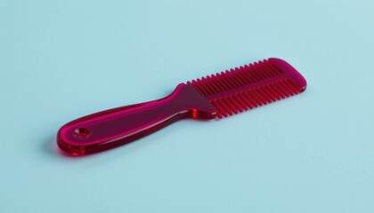 Translucent Pink Plastic Hair Cutting Comb on Light Blue Background