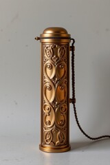 Ornate Gold Brass Cylindrical Container with Intricate Floral Design