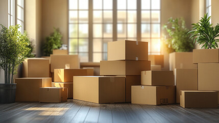 moving day scene with boxes and white walls, new home transition concept