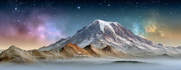 Mount Rainier minimalist art Majestic Mountain Landscape Under Starry Night Sky with Aurora Mount Rainier fashion editorial Mount Rainier surreal landscape