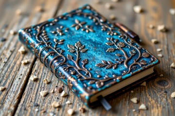 Ornate Teal Leather Journal with Copper Floral Design on Wooden Table