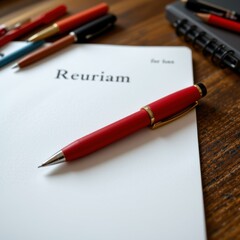 Red Pen on White Paper Notebook on Wooden Desk