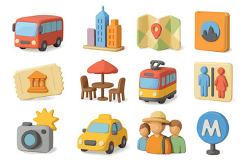 Colorful travel icons featuring transport, maps, and landmarks
