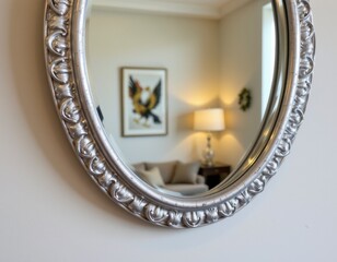 Silver Ornate Oval Mirror Reflecting Living Room Interior
