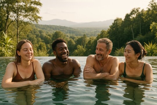 Diverse friends enjoying pool.