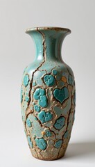 Teal Cracked Ceramic Vase with Ivy Leaf Design