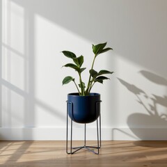 Green Plant in a Dark Blue Pot on a Metal Stand in a Bright Room