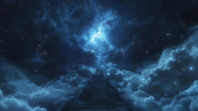Celestial stairway to the moonlit sky.  Vast expanse of starry night clouds