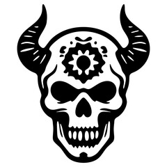 Skull silhouette with horns and a gear, creating a striking and edgy design.