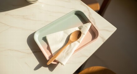Pastel Cafe Tray with Napkin and Wooden Spoon on Marble Surface