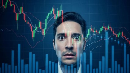 Concerned businessman with wide eyes, overlaid with fluctuating stock market graphs, symbolizing financial stress, market volatility, and economic uncertainty - Powered by Adobe