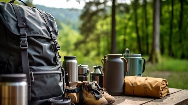 Dark backpack and hiking equipment on wood table in forest, prepared for outdoor adventure in nature, camping equipment in wooded area.